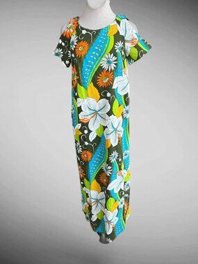 Aloha Hawaiian Vintage 60s Dress Barkcloth Floral Cold Shoulder Maxi Size L